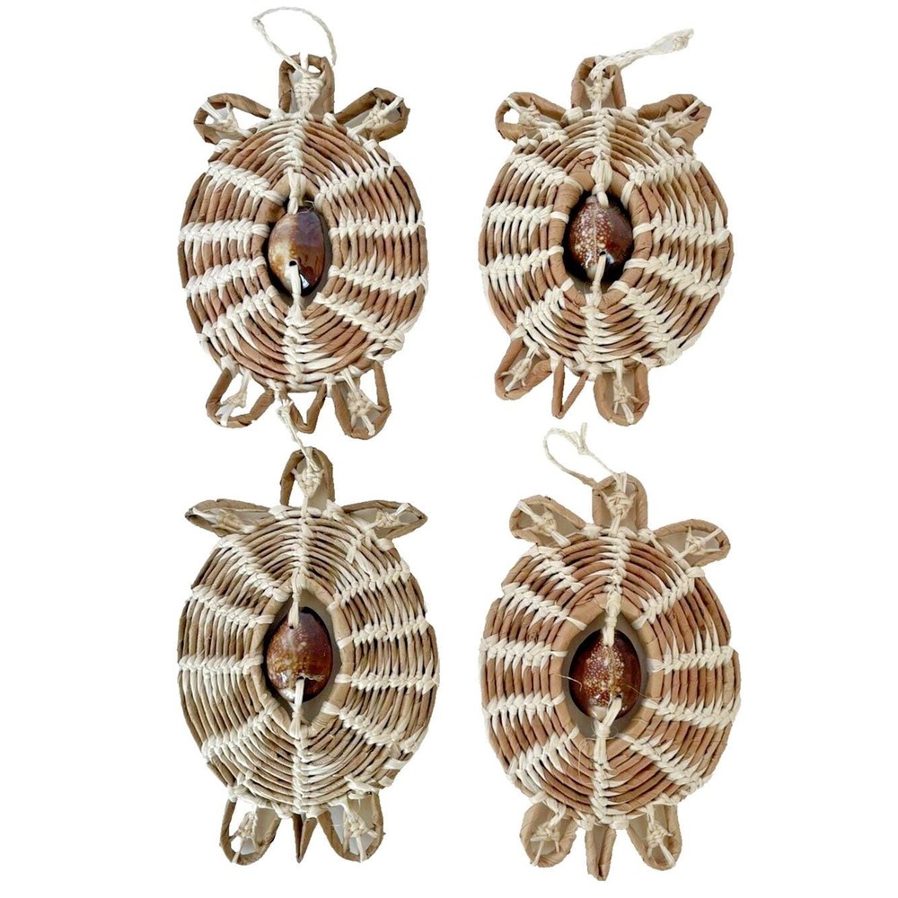 Four Turtle Cowrie Shell &‎ Woven Straw Small Ornaments Hanging Marshall Islands
